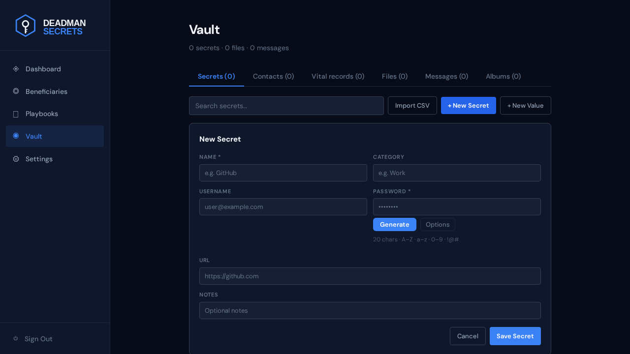 New Secret form with name, category, username, password (with Generate), URL, and notes fields