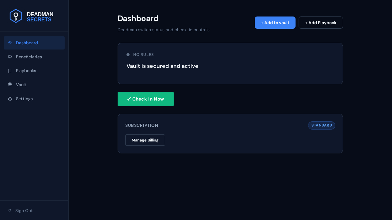 Dashboard with status card, Check In Now button, and subscription panel