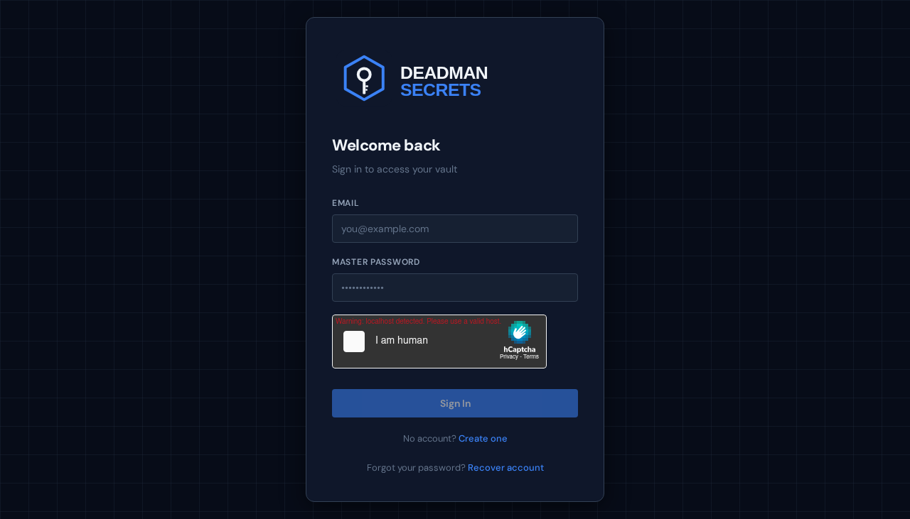 Sign-in screen with email and master password fields and a Sign In button
