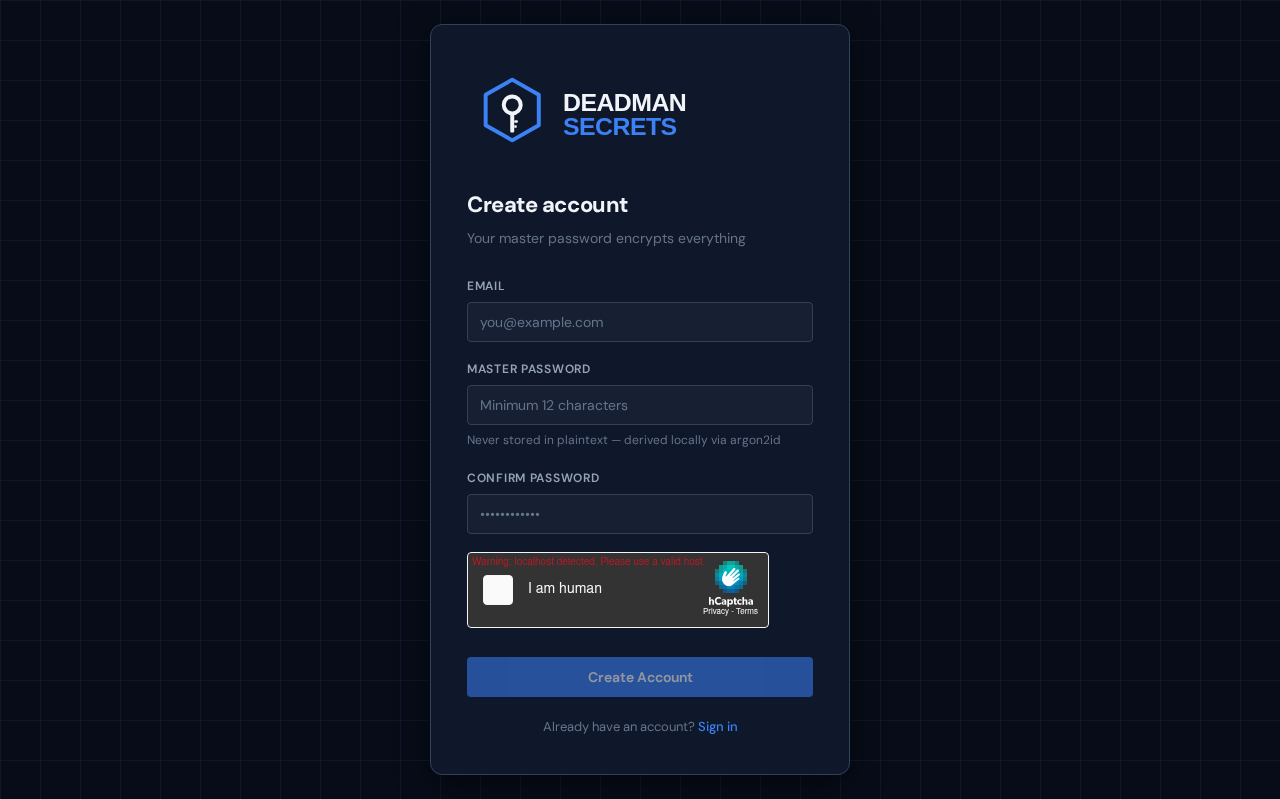 Registration form with email, master password, confirm password, and hCaptcha widget