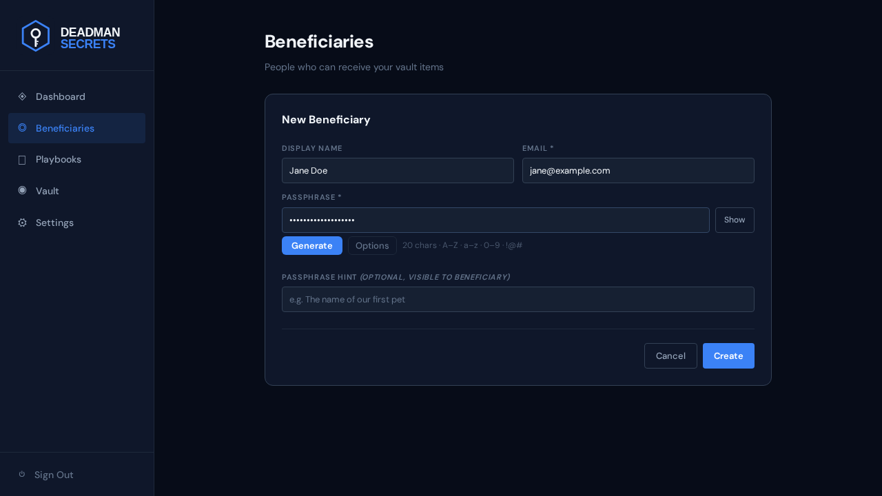 Step 2: Add the beneficiary's name, email, and a passphrase only they will know.
