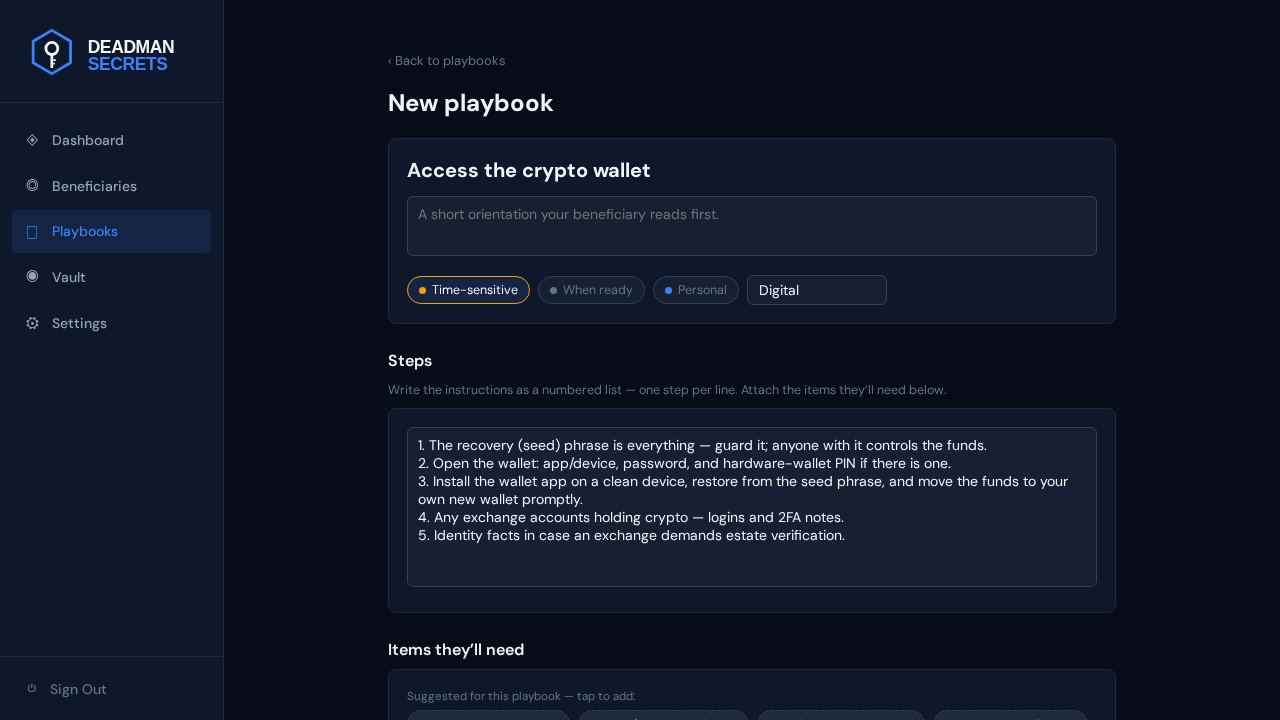 Step 1: The crypto-wallet template opens pre-filled with its steps and suggested items.