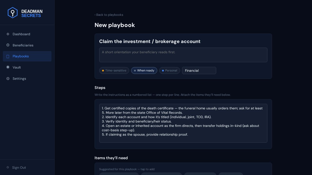 Step 1: The investment-brokerage template opens pre-filled with its steps and suggested items.