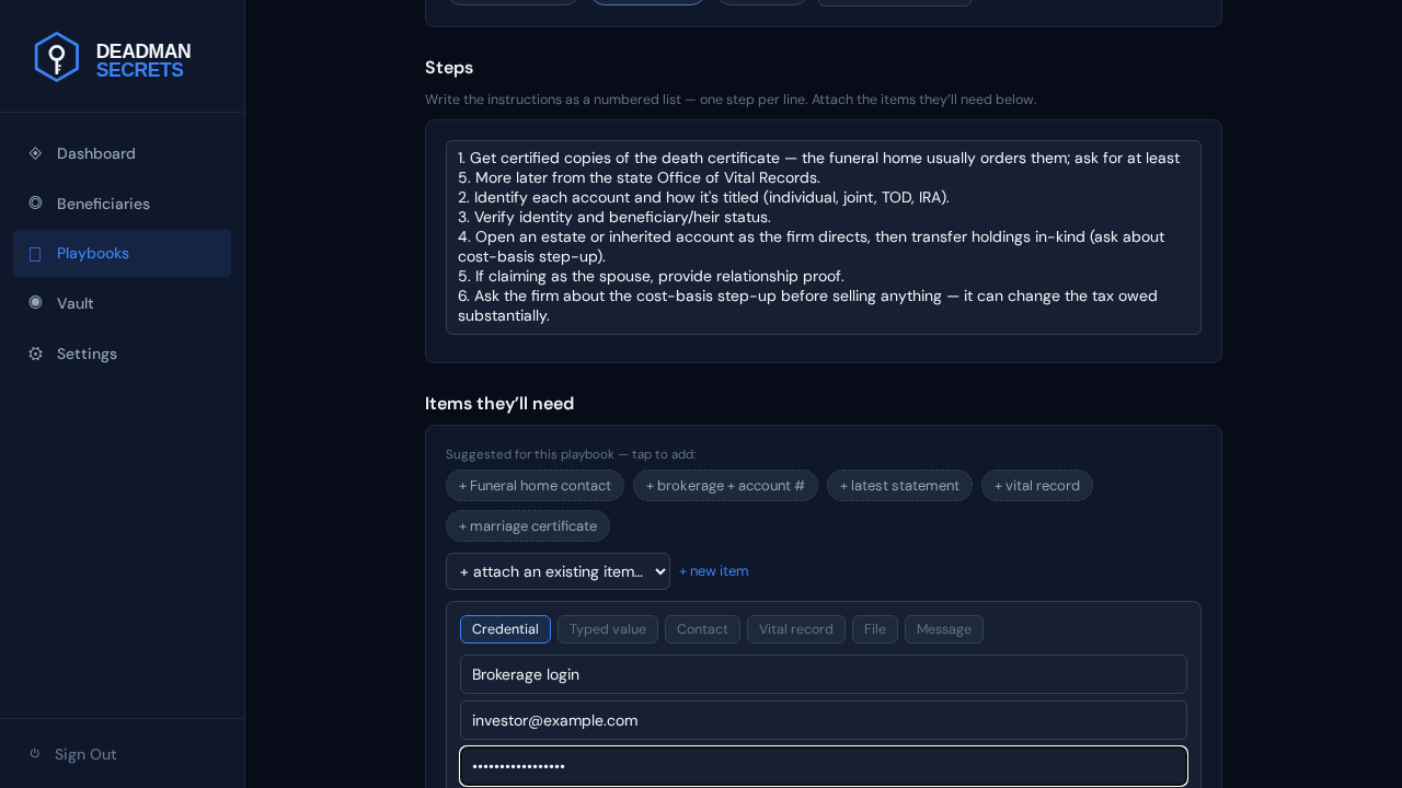 Step 4: Add a credential: a login, encrypted on your device and attached to the playbook.