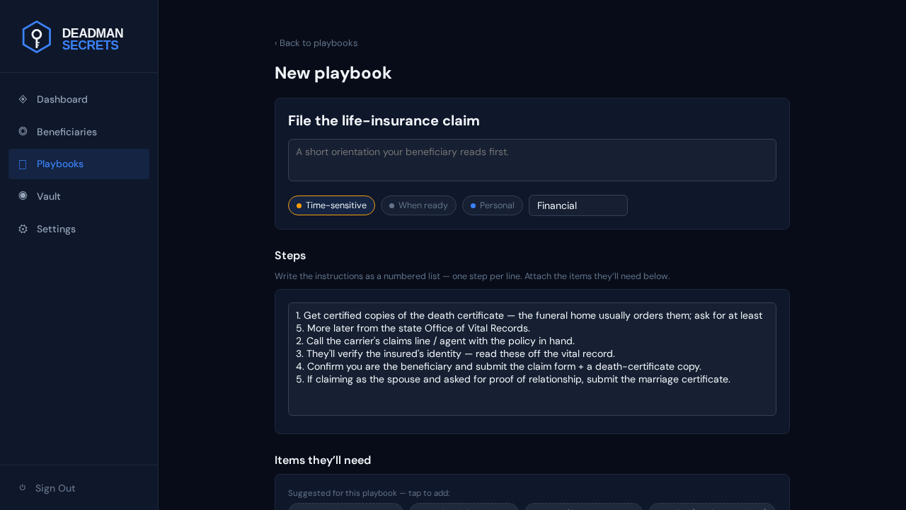 Step 1: The life-insurance template opens pre-filled with its steps and suggested items.