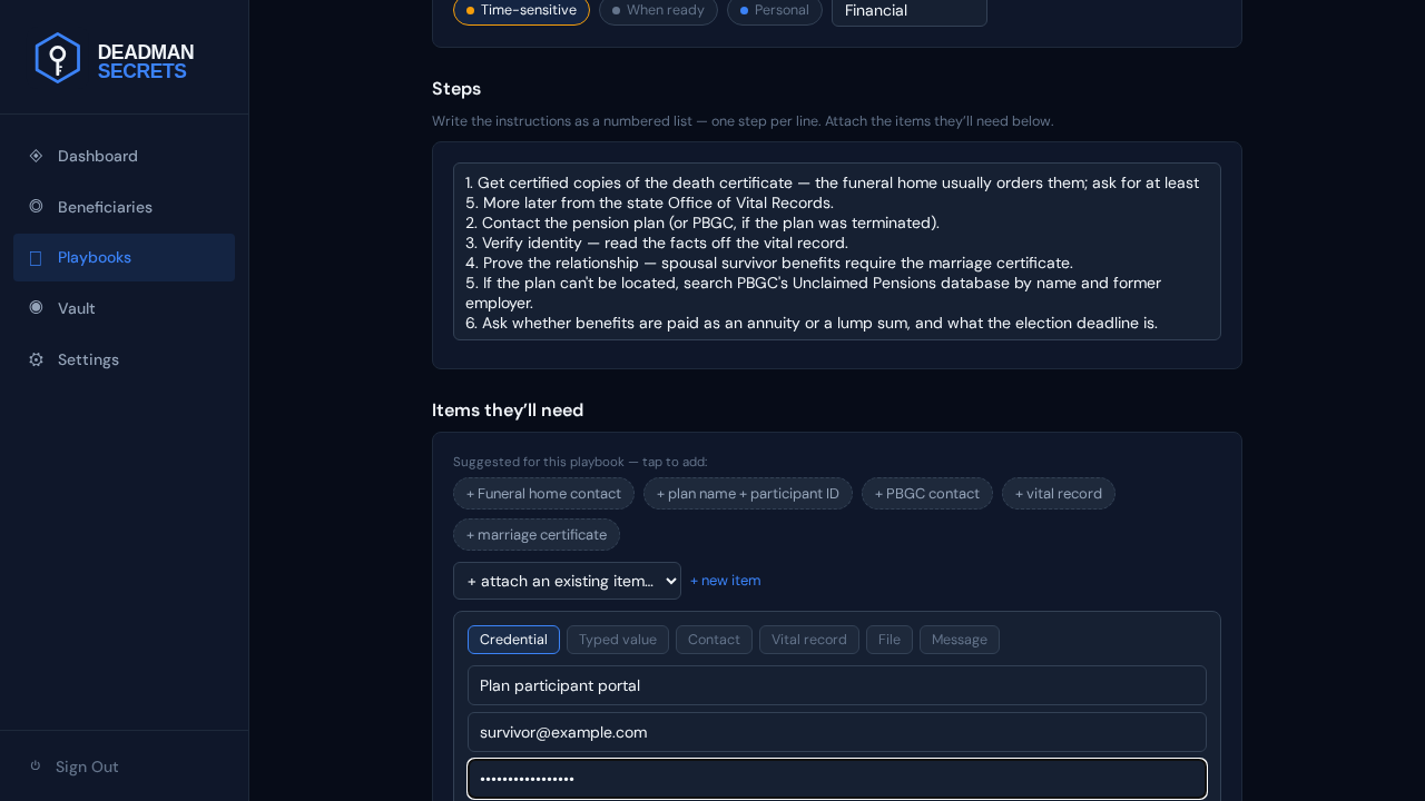 Step 4: Add a credential: a login, encrypted on your device and attached to the playbook.