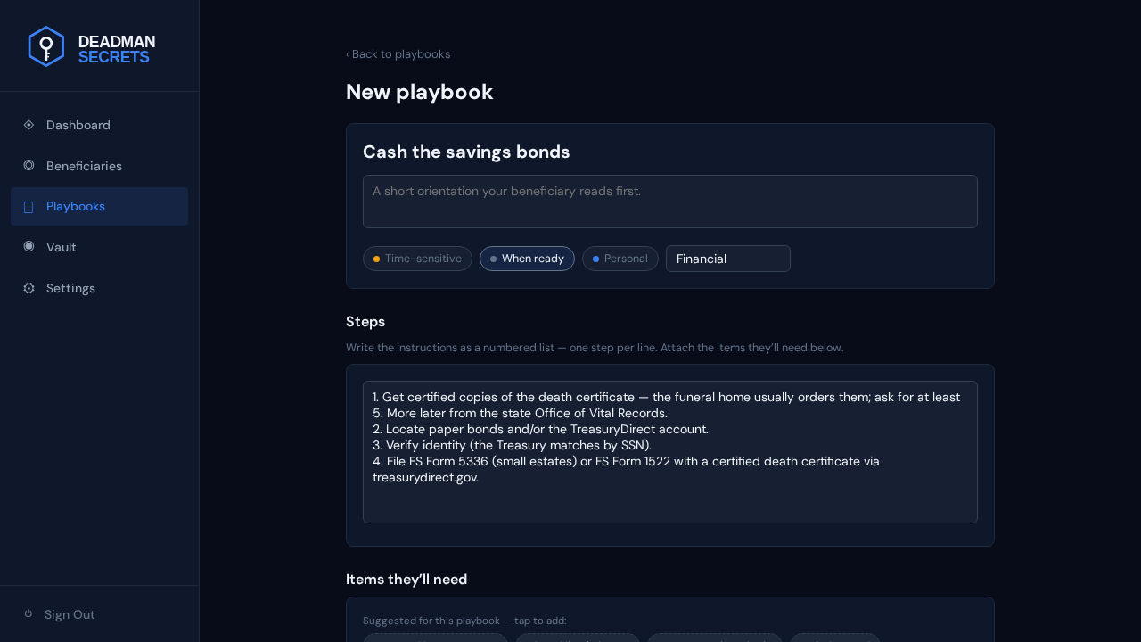 Step 1: The savings-bonds template opens pre-filled with its steps and suggested items.