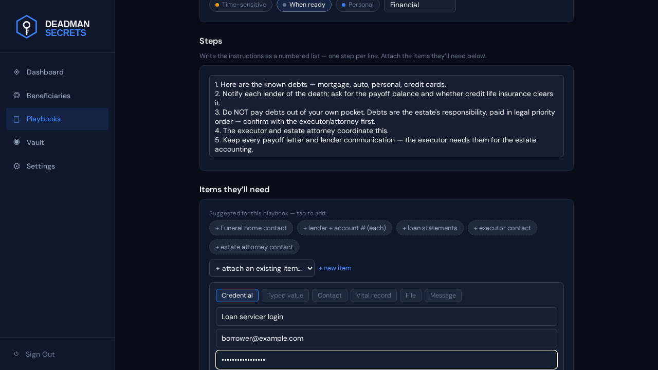 Step 4: Add a credential: a login, encrypted on your device and attached to the playbook.