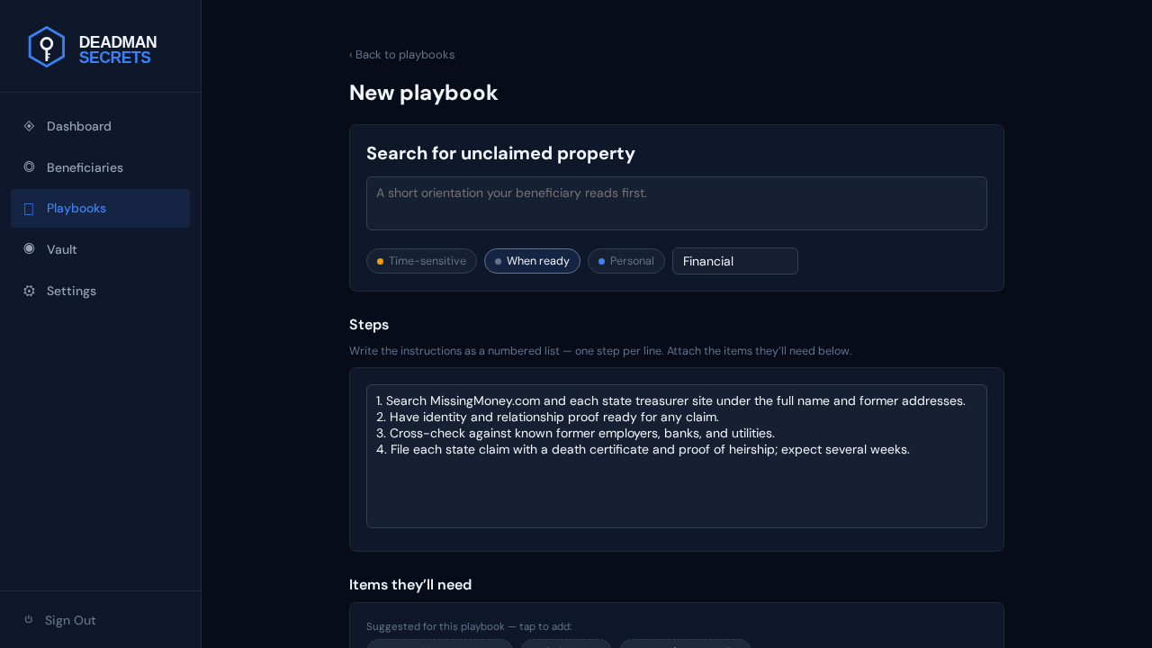 Step 1: The unclaimed-property template opens pre-filled with its steps and suggested items.